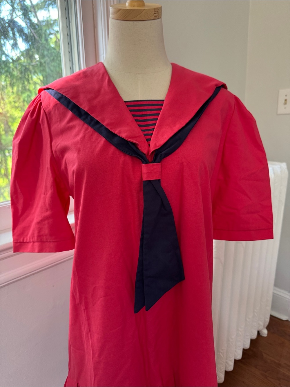 Vintage Laura Ashley coral cotton Midi Sailor Dress with Navy Trim - Picture 11 of 13